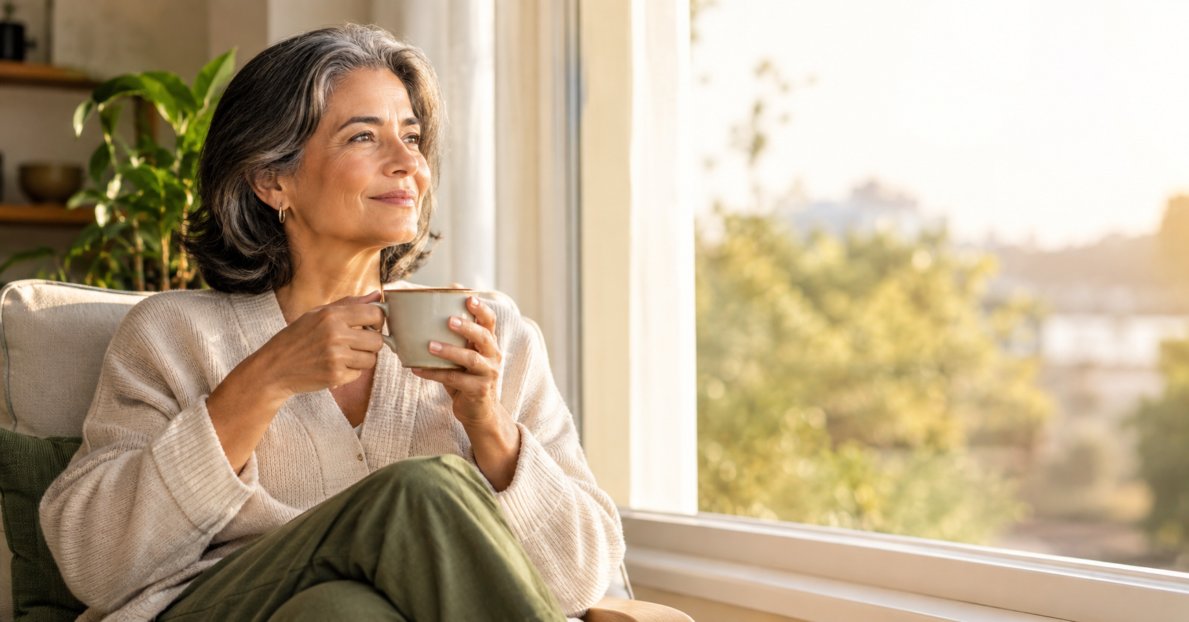 Woman in her 50s enjoying morning tea by the window, feeling calm and energized