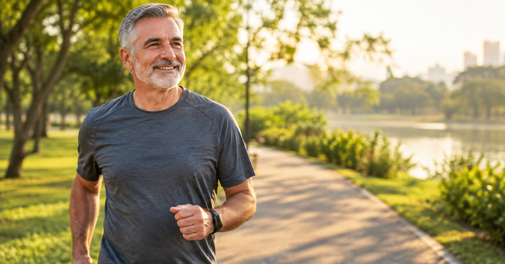 Active man in his 60s walking outdoors, feeling energetic and healthy