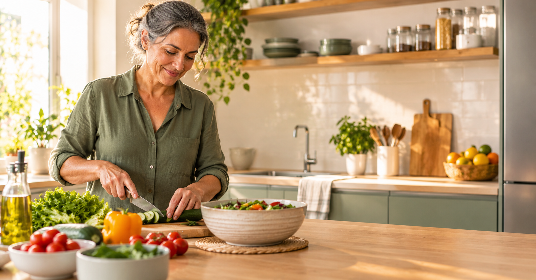 Woman in her 50s preparing a healthy meal in her kitchen